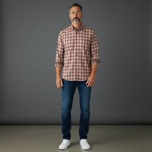 BOGOSSE Plaid Button Down Shirt Men's Size 5 XL Orange Brown Leopard Trim Casual